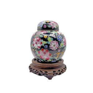 Vintage Japanese 4” Porcelain w Lid Wooden Vase Ginger Jar Handpainted in China